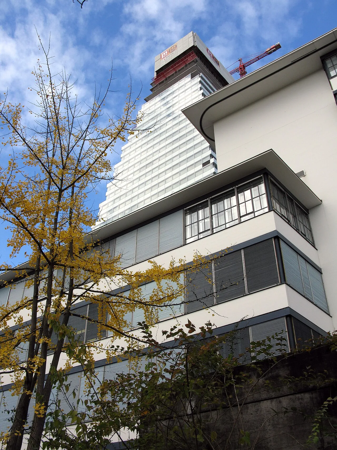 Roche-gebouwen in Basel: het oude Salvisberg-gebouw voor de Roche Tower van Herzog & de Meuron.