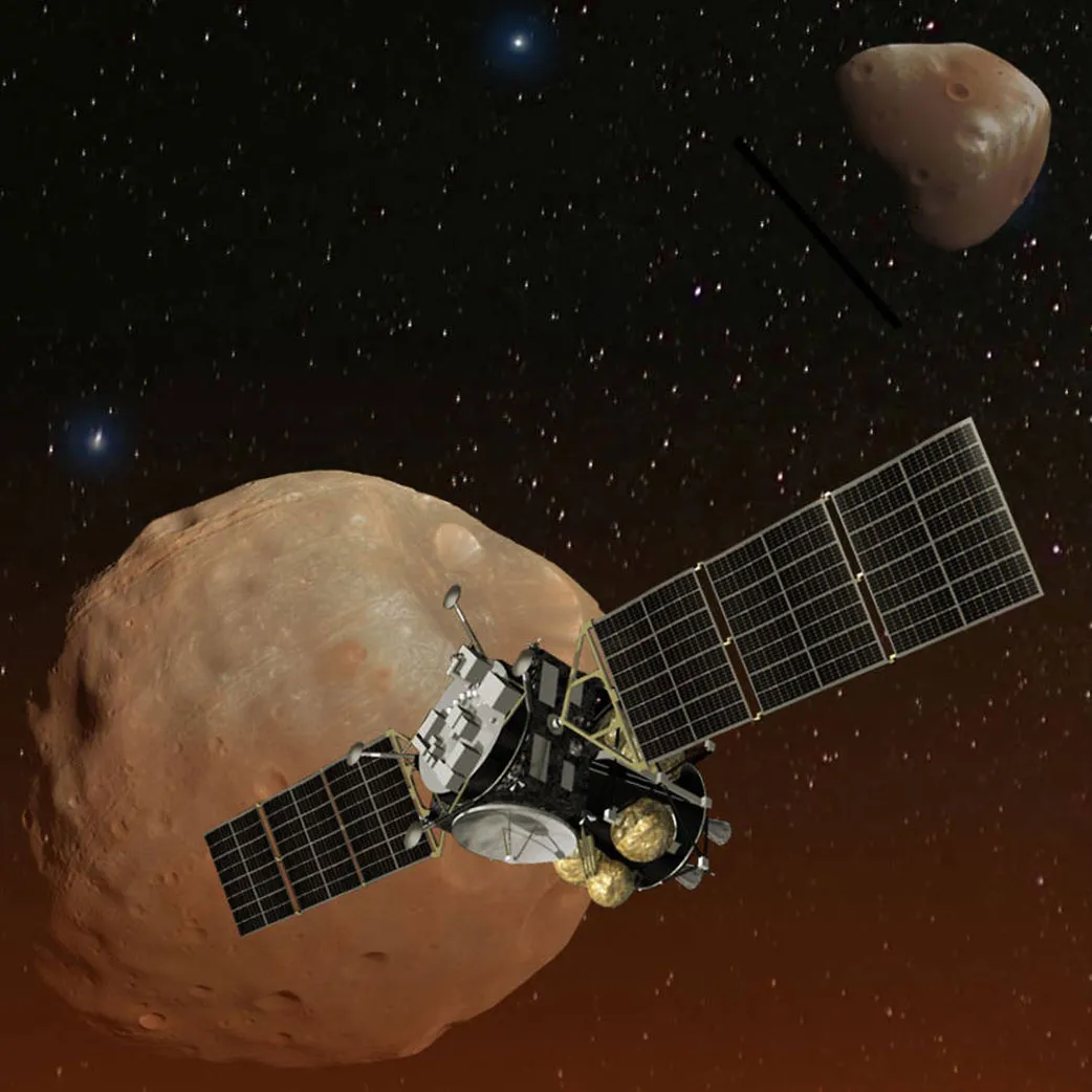 Impressie van de Japanse MMX-ruimtesonde, die met een NASA-instrument de Marsmanen Phobos en Deimos moet onderzoeken.