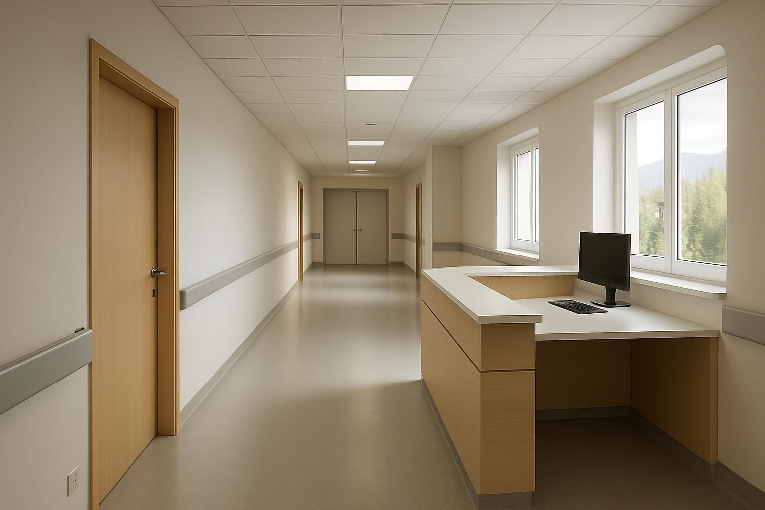Een rustige gang in een Zwitsers zorgcentrum met een verlaten balie
