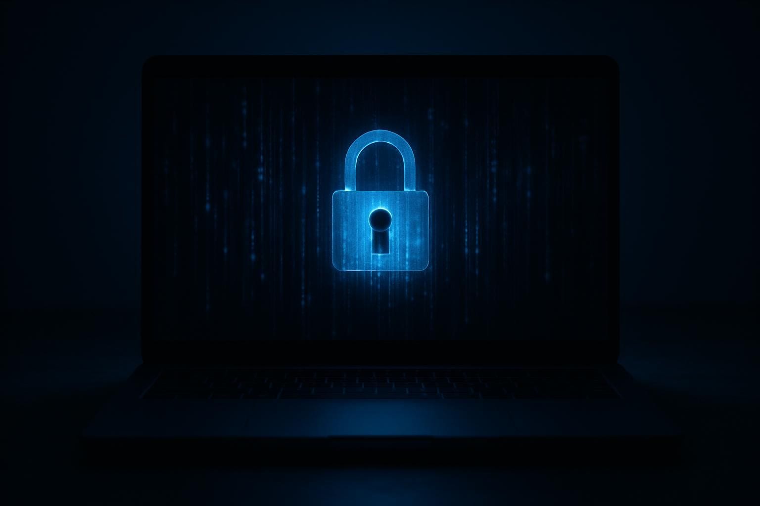 Symbolische afbeelding van een datalek: een laptop met digitale gegevensstromen en een slotsymbool