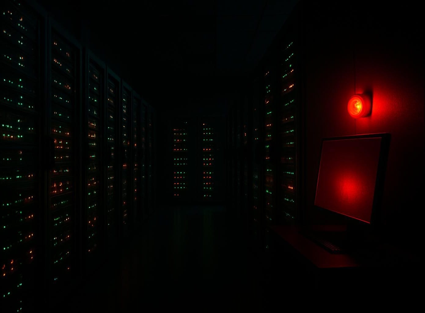 Een serverruimte met een rood waarschuwingslicht, symbool voor een datalek.